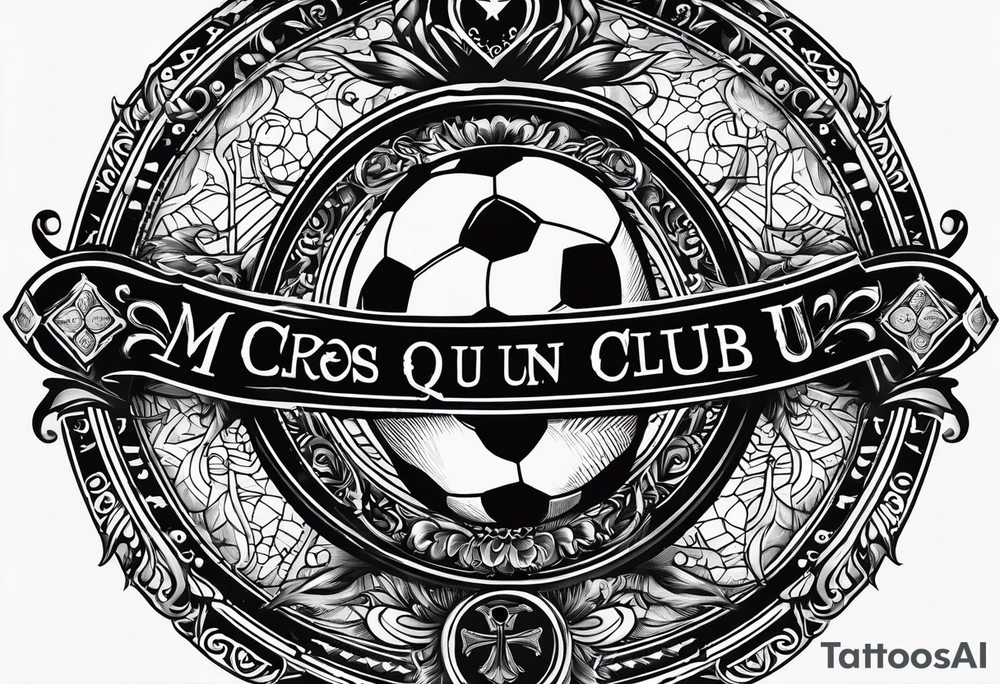 a cross with soccer ball and text MÉS QUE UN CLUB tattoo idea