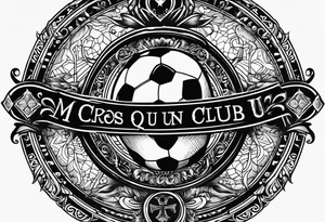 a cross with soccer ball and text MÉS QUE UN CLUB tattoo idea
