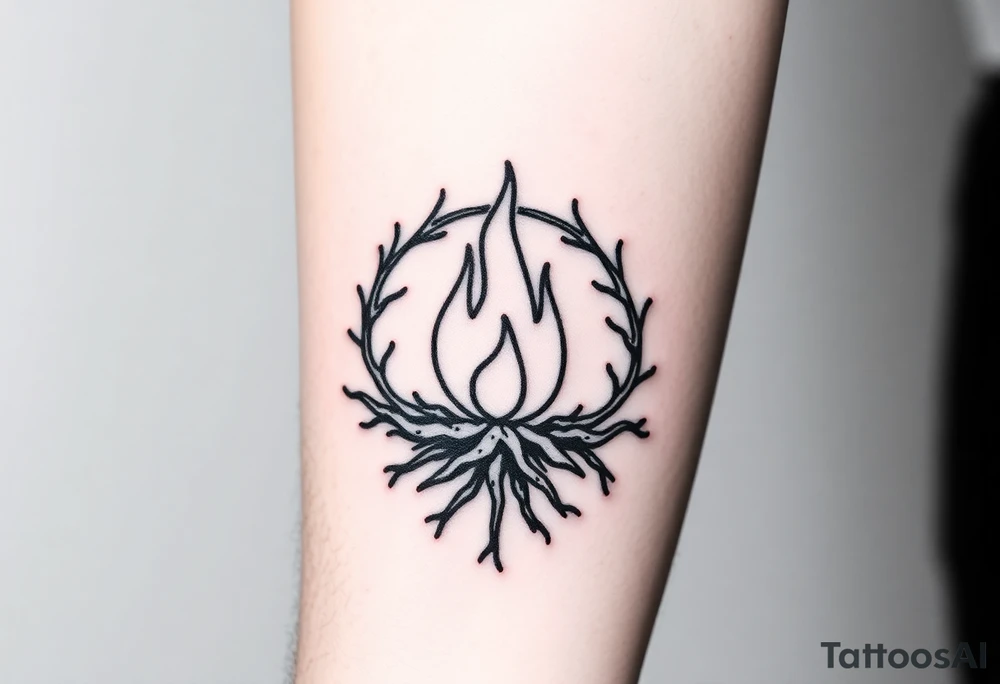 a round flame imprisoned in a roots circle tattoo idea