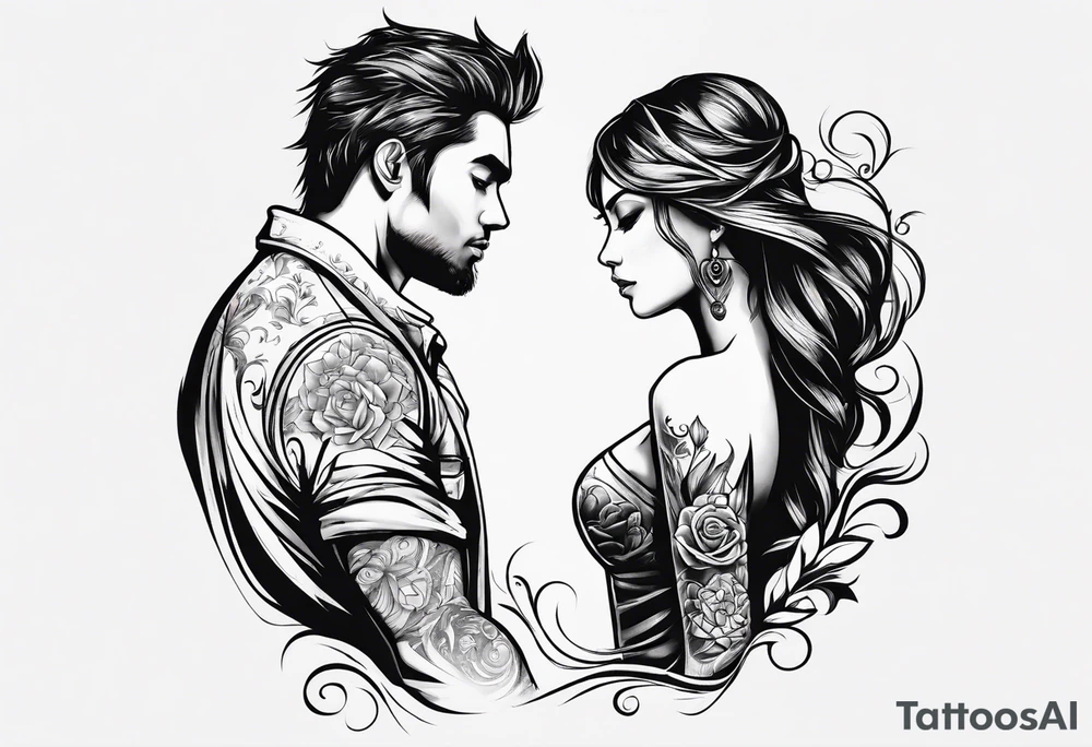 A girl with an empty heart and a guy with a burning heart. They stand back to back tattoo idea