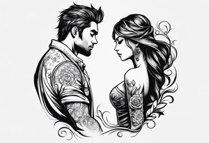 A girl with an empty heart and a guy with a burning heart. They stand back to back tattoo idea