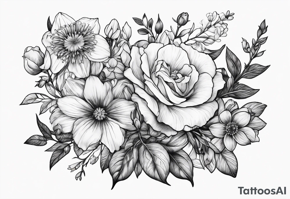 small line of flowers
 with a pencil drawing of a violet, a rose, a larkspur and an aster flower tattoo idea