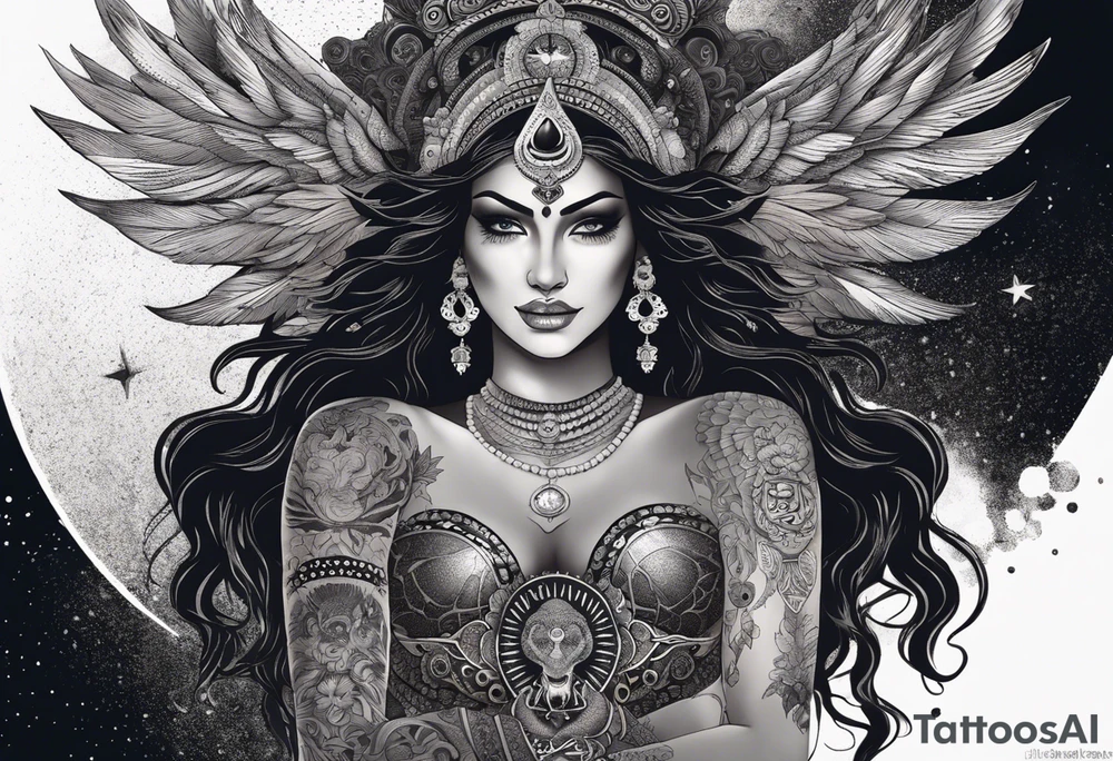 black kali, goddess pirate, alien, angel, pachamama, valkrye, warrior, flying, skull, lotus azul, wing, eagle, zenza resonance, stars, 5D, anahata chakra, death, durga, riding on a tiger, flying lady, kundalini, chest tatoo, samuri, rebel,serpent tattoo idea