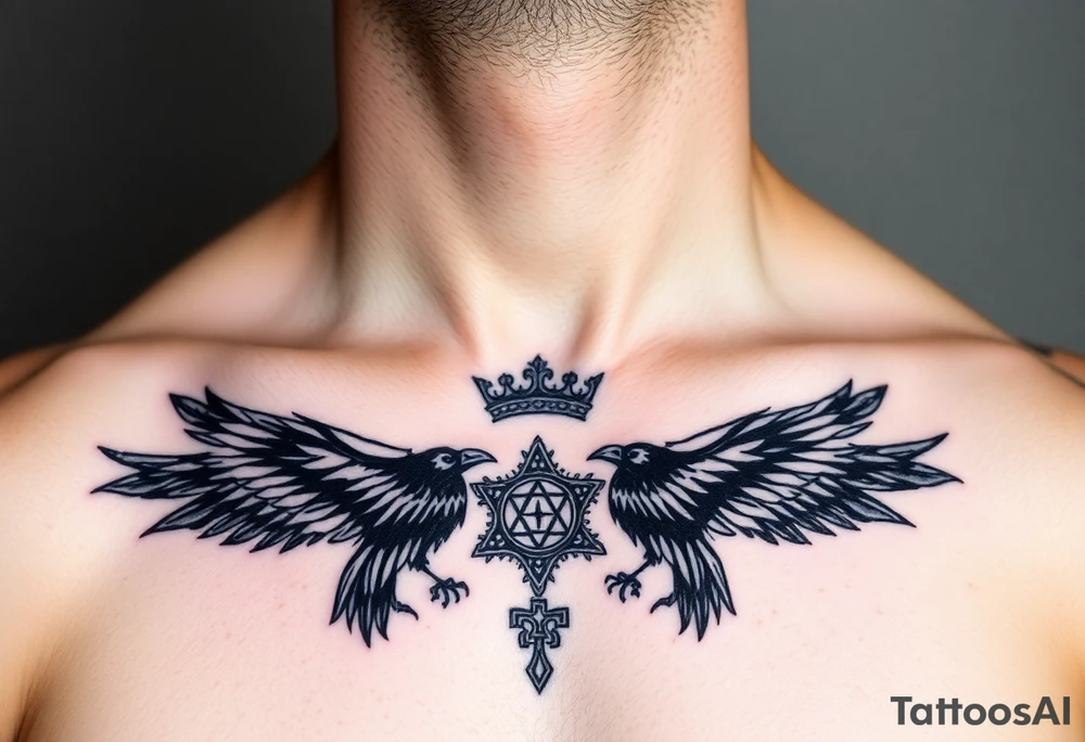 Chest tattoo, two ravens and icelandic symbols, dark brest tattoo, crown betwen ravens tattoo idea