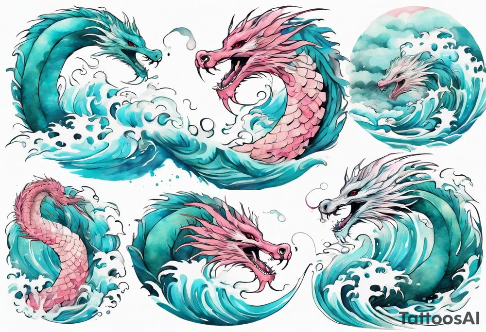 a turquoise and white and pink feathered sea serpent emerging from the stormy sea, pretty tattoo idea