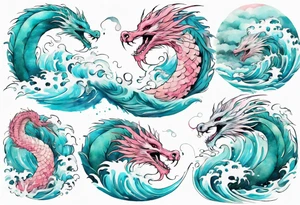 a turquoise and white and pink feathered sea serpent emerging from the stormy sea, pretty tattoo idea