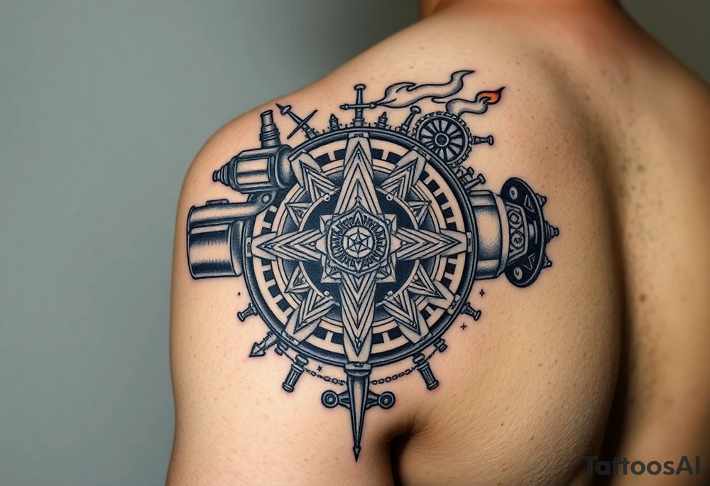 Geometric mechanical engine actively running, pistons pumping with flame/fuel, center chamber shows coal being compressed into diamond under pressure, alchemical symbols etched into the gears, steam and energy radiating outward, industrial sacred geometry, black and grey with hints of fire/orange, dynamic motion lines, upper arm tattoo, biomechanical meets sacred geometry style tattoo idea