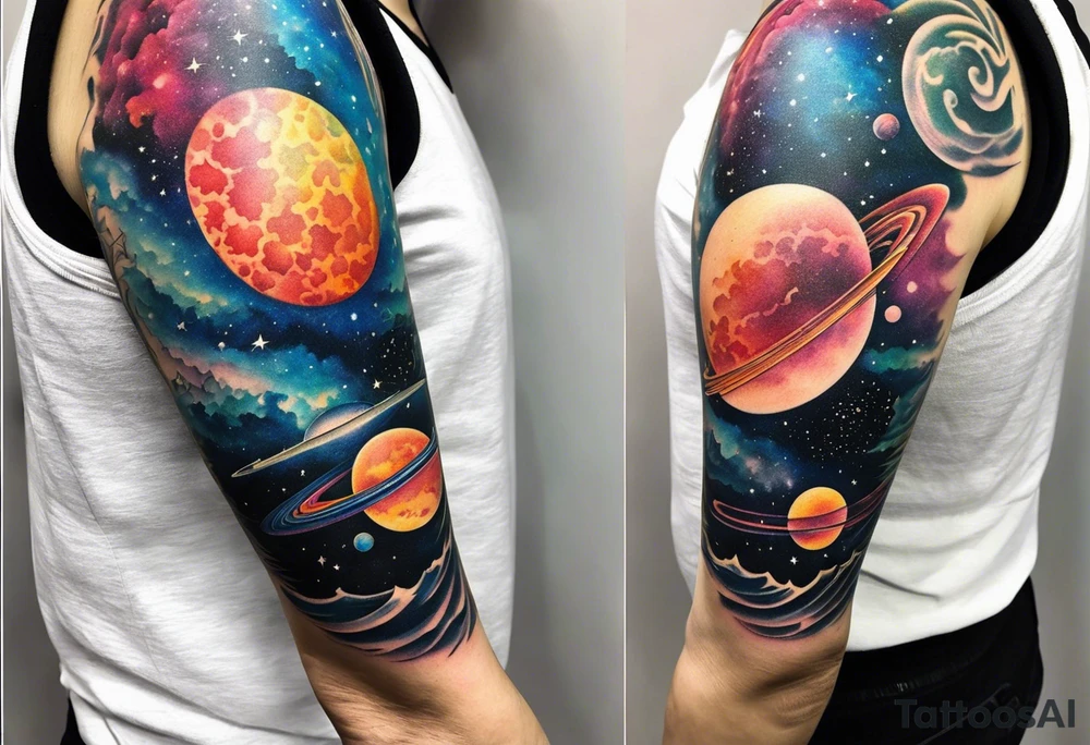 Half sleeve tattoo of a galaxy orbiting. tattoo idea