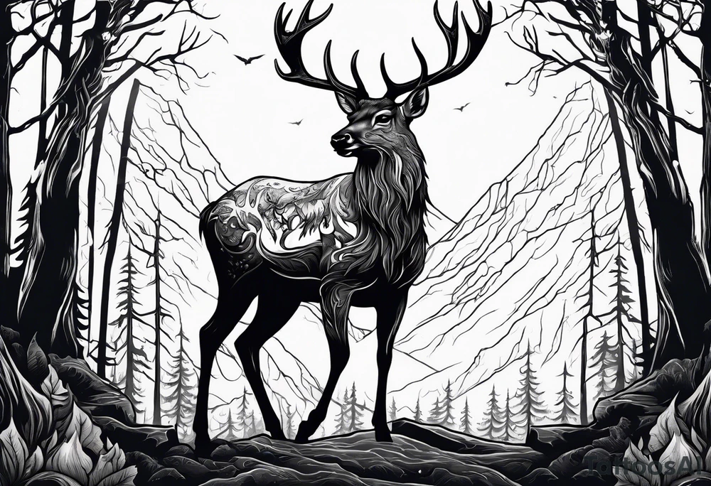 A scary terrifying horrifying zombie deer lore accurate wendigo side profile surrounded by a forest fire in background tattoo idea