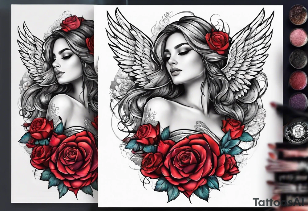 Beautiful woman angle with wings standing surrounded by roses tattoo idea