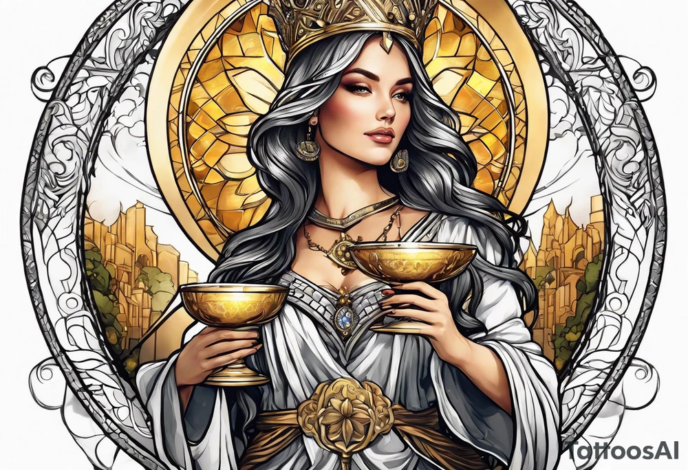woman holding chalice surrounded by golden halo tattoo idea