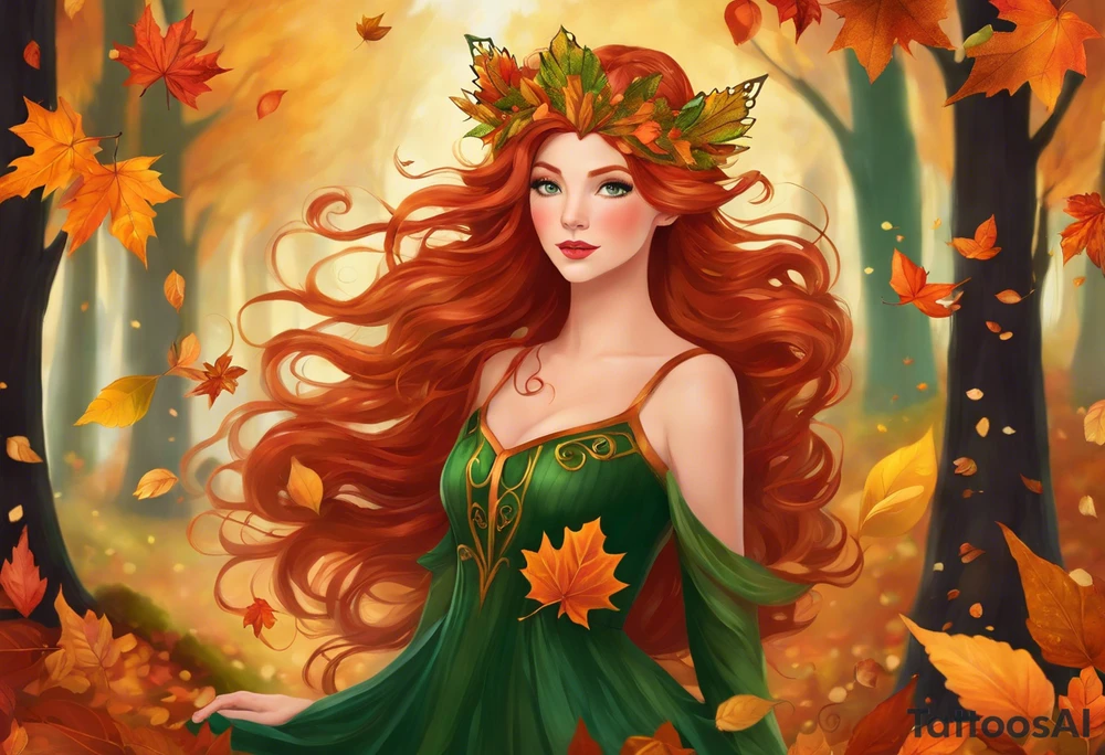 A auburn haired fairy in the middle of a forest during the peak of autumn, twirling in a whirlwind of autumn leaves. The fairy's hair is auburn with copper colors and a crown of gold, orange, and red leaves adorning her head. Her eyes are emerald green with gold flecks, ruby lips and pale skin. Her dress a coppery orange, with leaves scattered on it. The fairly is swirling in a pile of leaves with arms raised overhead, looking at the sky. tattoo idea