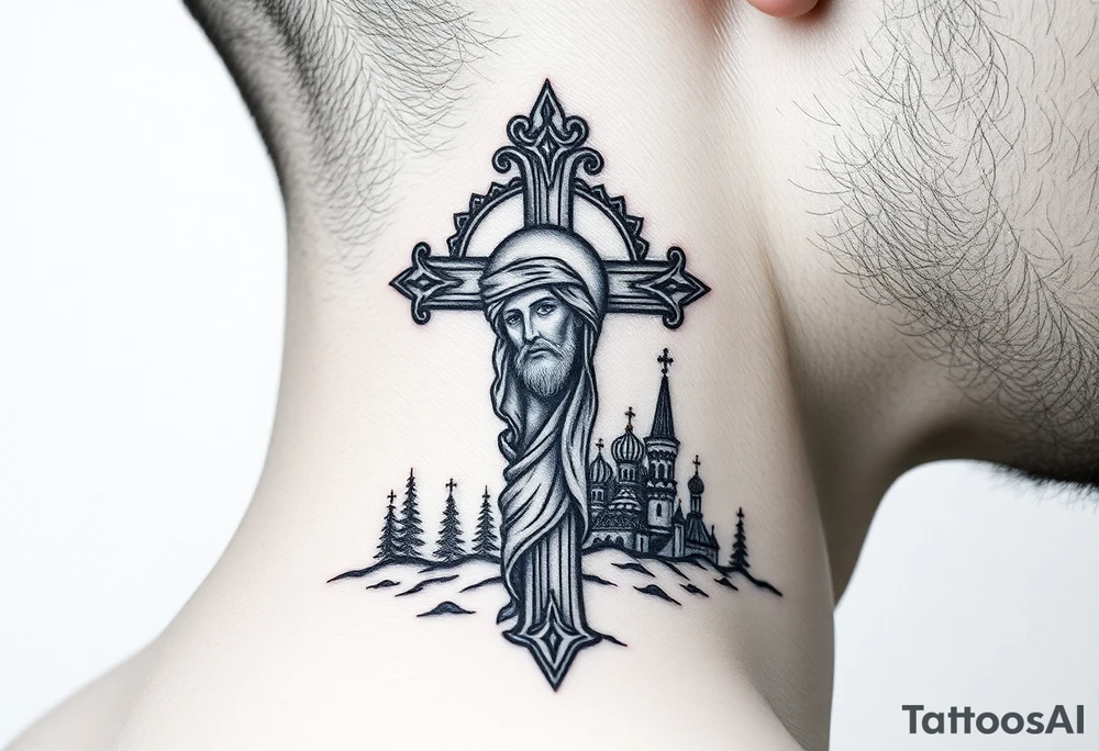 Traditional orthodox ICXC Christian cross with an orthodox portrait Jesus Christ on the cross in a wilderness Russian Kremlin setting tattoo idea
