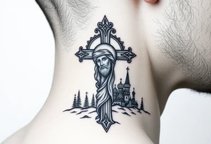 Traditional orthodox ICXC Christian cross with an orthodox portrait Jesus Christ on the cross in a wilderness Russian Kremlin setting tattoo idea