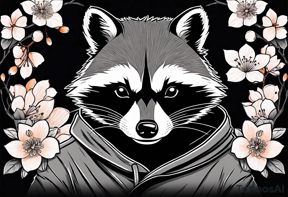 Raccoon wearing a white Superman logo on a black hoodie and orange Japanese cherry blossoms beside tattoo idea