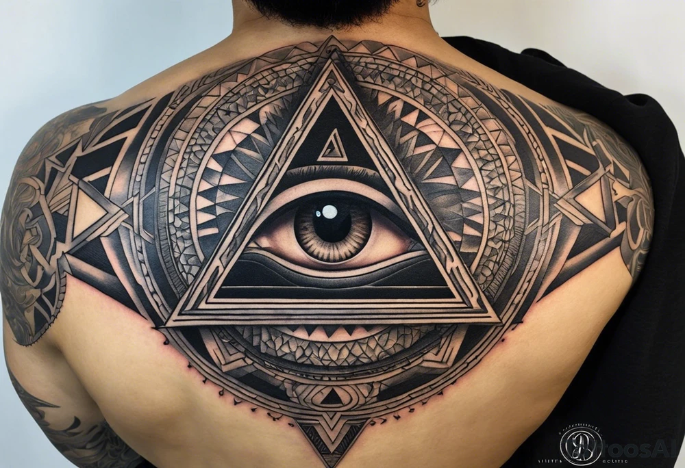 A full tattoo sleeve designed with a bold and masculine aesthetic, featuring a striking centerpiece of a detailed eye inside an equilateral triangle, symbolizing the all-seeing eye or third eye. The eye is intricately rendered to convey depth and insight, while the equilateral triangle, with its perfectly balanced angles, enhances the symbolism of enlightenment and perception. Surrounding this central motif, incorporate roses and leaves, depicted with strong lines and rich detail. The roses symbolize beauty and resilience, while the leaves add a touch of natural elegance. These floral elements are integrated into an ordered geometric pattern that complements and frames the eye and triangle. The geometric patterns, characterized by clean, precise lines, create a structured contrast with the organic shapes of the roses and leaves. The design features deep shading and strong contrasts to highlight the details and create a powerful, masculine look. The overall effect is a harmonious blend of symbolic and aesthetic elements, resulting in a compelling and balanced tattoo sleeve. tattoo idea
