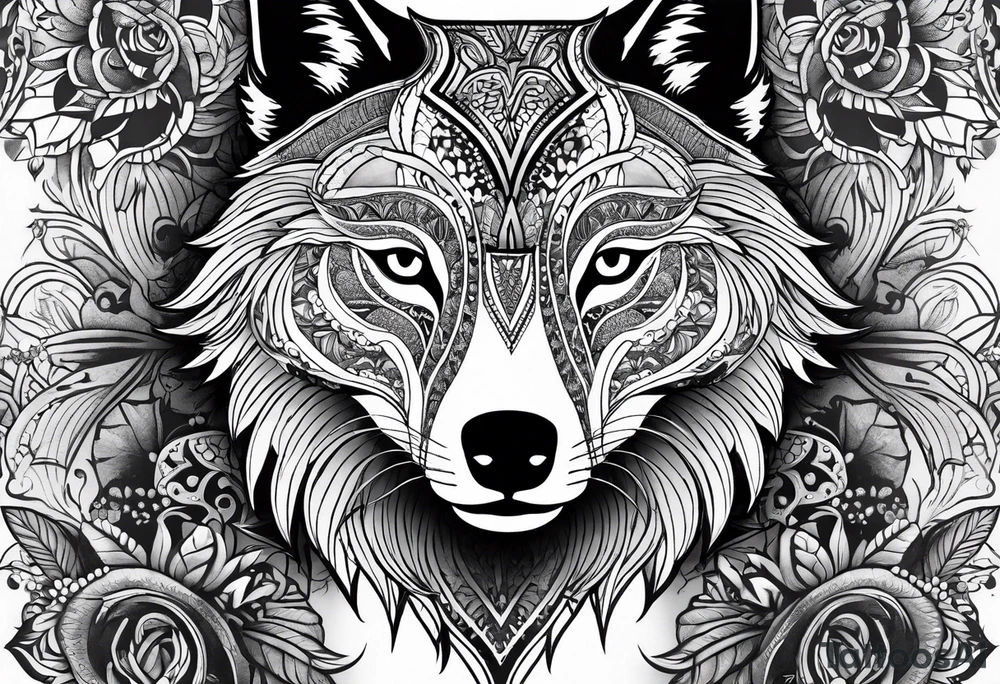 leg sleeve with mandela patterns and a wolf tattoo idea