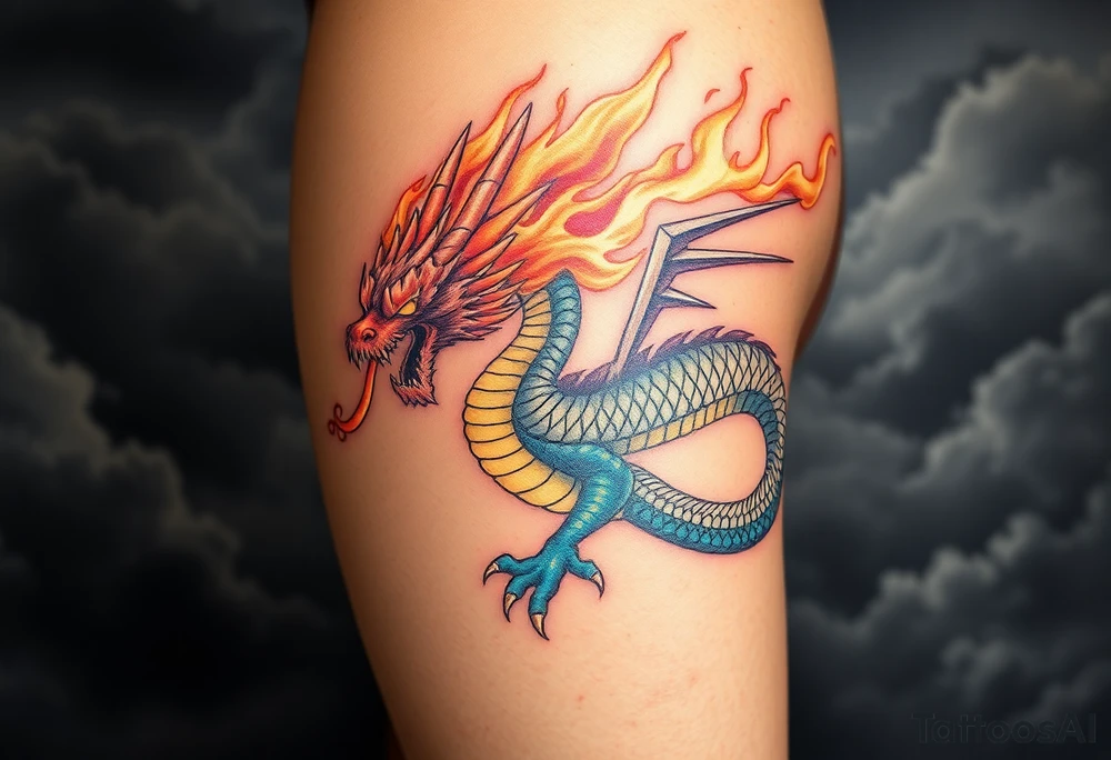 fierce dragon breathing iridescent fire against stormy skies tattoo idea