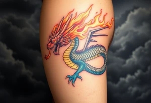 fierce dragon breathing iridescent fire against stormy skies tattoo idea