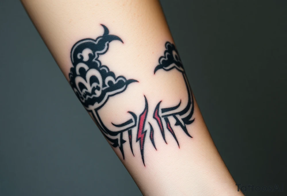 Dark, black menacing storm clouds with creepy red bolts of lightning coming down tattoo idea