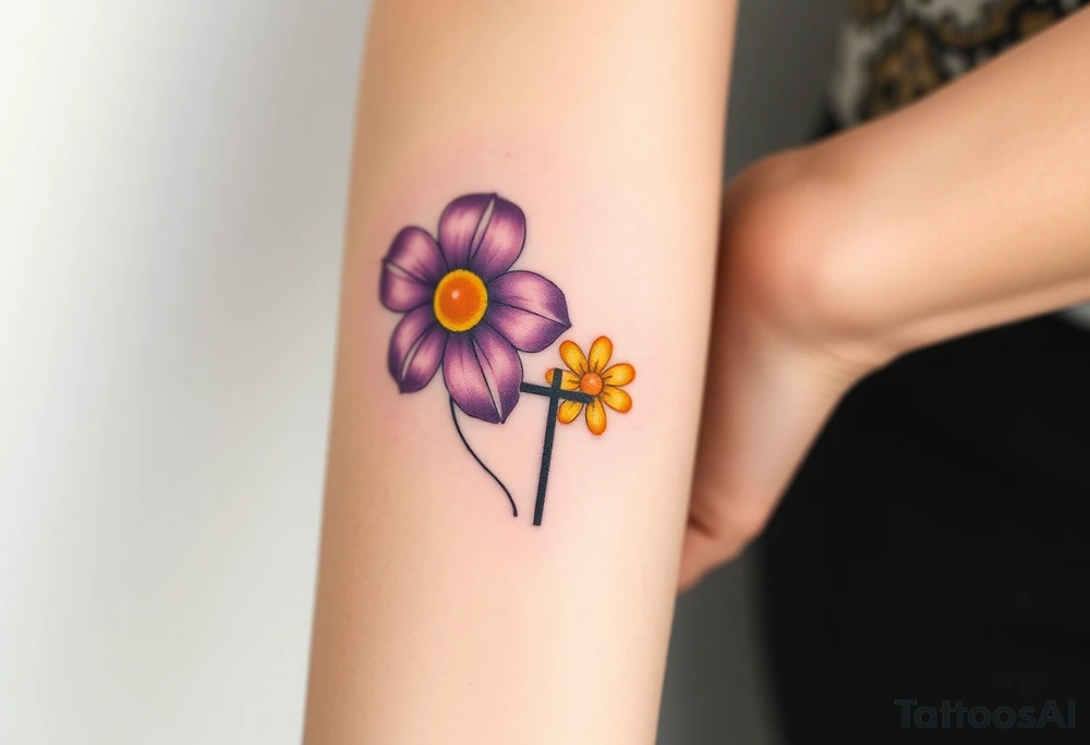 simple with Purple Hearts with yellow daisy with cross tattoo idea