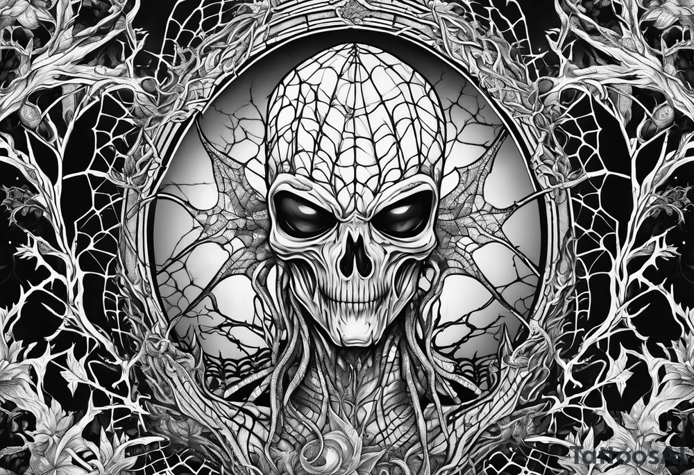 Alien surrounded by spiderwebs and dead trees tattoo idea Alien surrounded by spiderwebs and dead trees tattoo idea