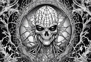 Alien surrounded by spiderwebs and dead trees tattoo idea