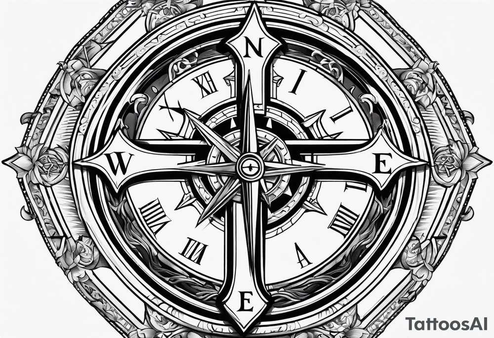 Crucifix with clock and compass in the middle tattoo idea