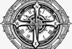 Crucifix with clock and compass in the middle tattoo idea