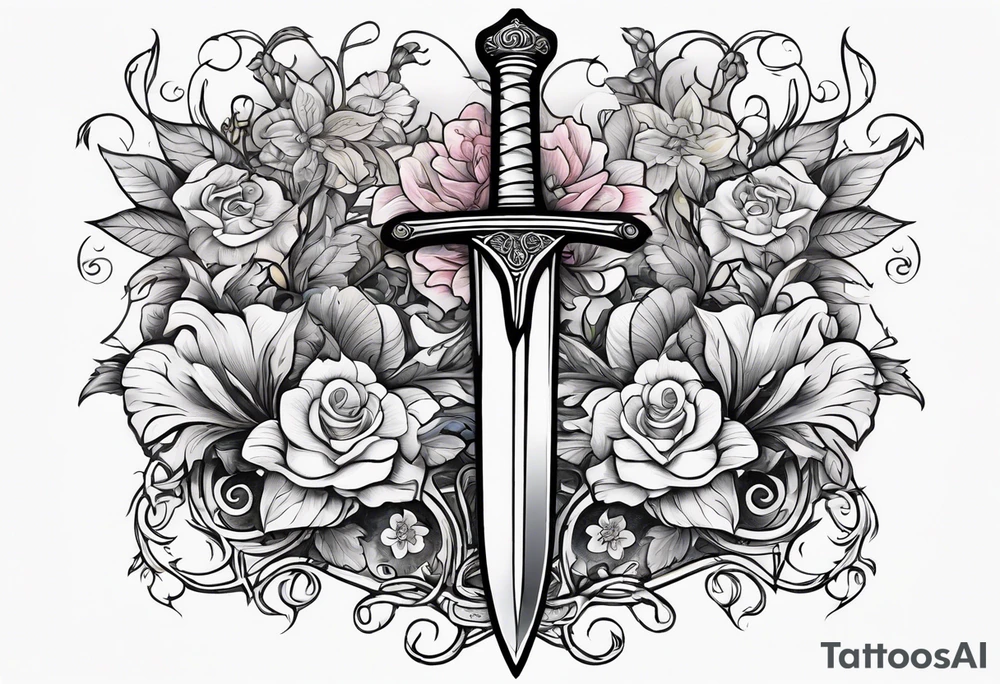 a sword with vines and flowers wrapped around it tattoo idea