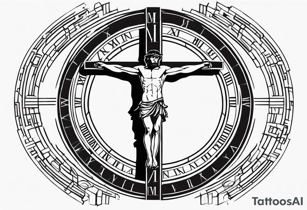 Crucified man inside a circle of Roman numerals with roman numerals on it tattoo idea