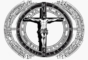 Crucified man inside a circle of Roman numerals with roman numerals on it tattoo idea