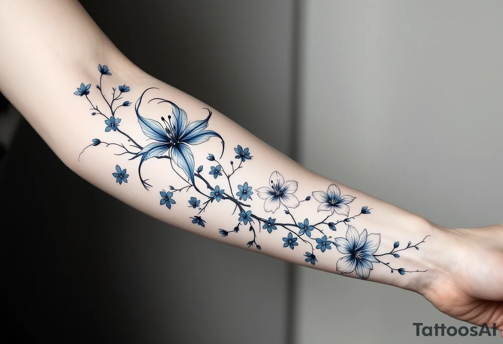 blue spider lily in black and white colours from the anime demon slayer and Cherry Blossoms wrapped around the arm, do not add colours tattoo idea