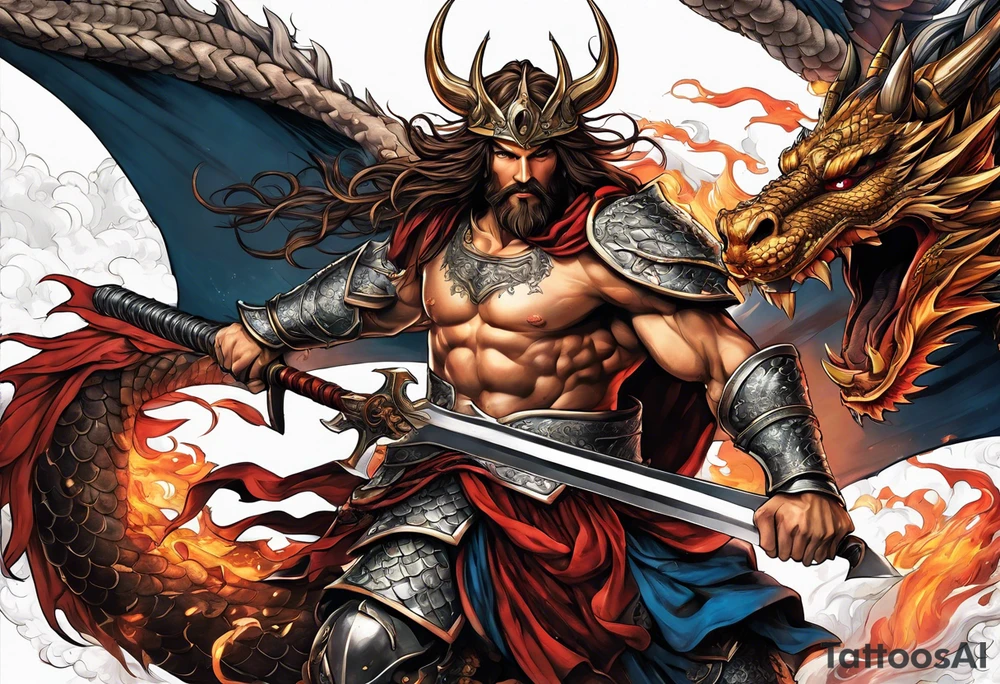 Almighty powerful Jesus in his indestructible armor and using his sword to cutting off the dragon head tattoo idea