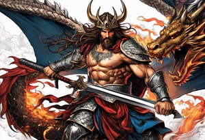 Almighty powerful Jesus in his indestructible armor and using his sword to cutting off the dragon head tattoo idea