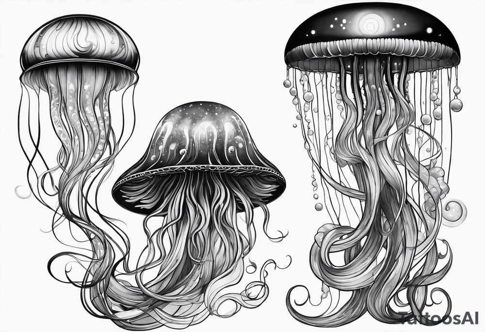 A galaxy inside a mystical jellyfish with long flowing tentacles. Not very wide tattoo idea