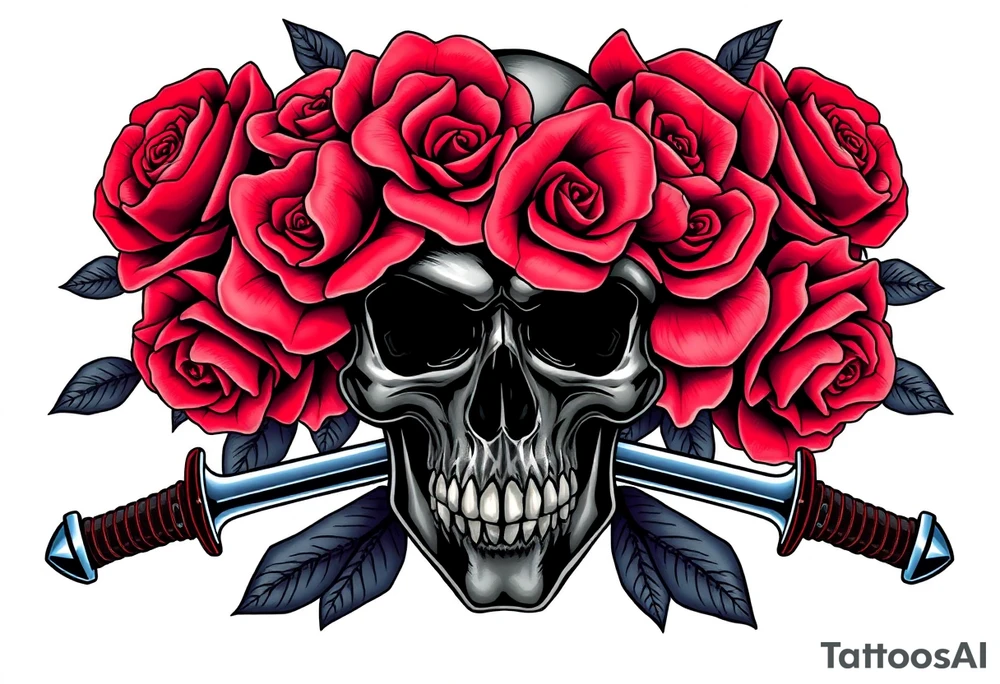 A dark skull with vibrant, blooming roses, crossed broadswords behind. tattoo idea