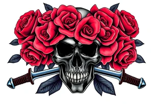 A dark skull with vibrant, blooming roses, crossed broadswords behind. tattoo idea