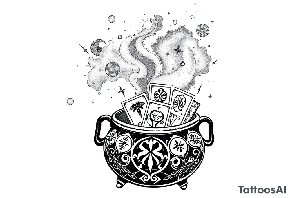 Milky way galaxy filled with zodiac symbols runes tarot cards coming out of a cauldron tattoo idea