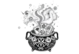 Milky way galaxy filled with zodiac symbols runes tarot cards coming out of a cauldron tattoo idea