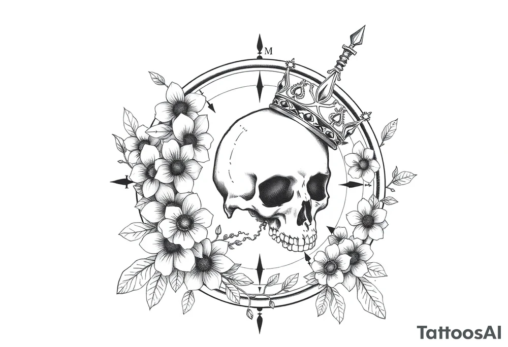 Compass with detailed beautiful gothic boho flowers on vine and skull with gorgeous crown tattoo idea
