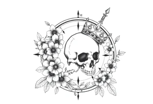 Compass with detailed beautiful gothic boho flowers on vine and skull with gorgeous crown tattoo idea