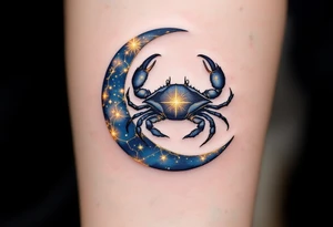 A crescent moon with crab in navy cradles the Cancer constellation in glowing gold ink. tattoo idea
