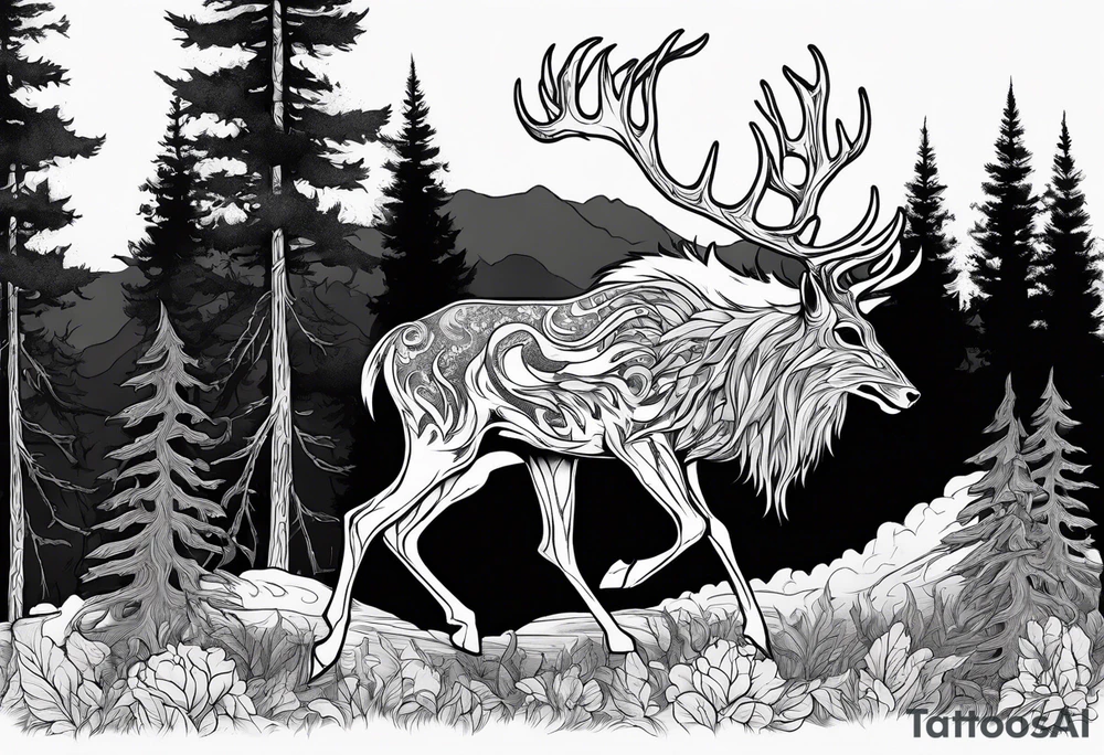 A spooky rotting bone lore accurate wendigo side profile surrounded by a forest fire in background tattoo idea