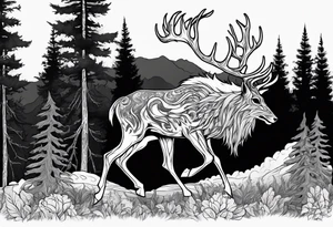 A spooky rotting bone lore accurate wendigo side profile surrounded by a forest fire in background tattoo idea