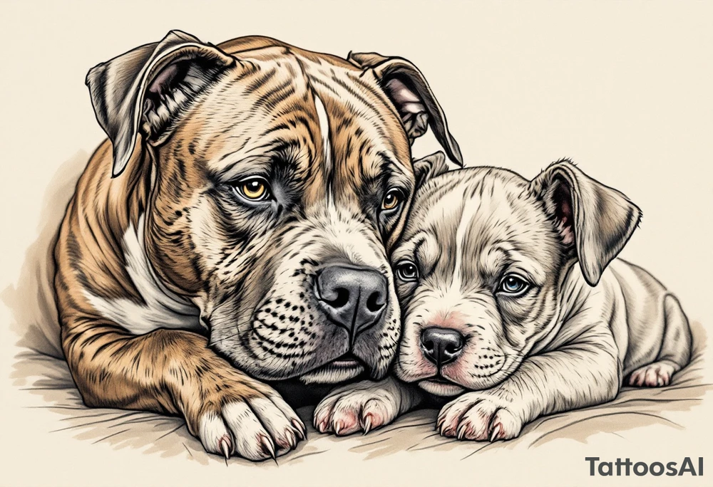 Pitbull mom and pup cuddling, warm brown tones with soft blending, delicate linework around eyes and noses for emotion. tattoo idea