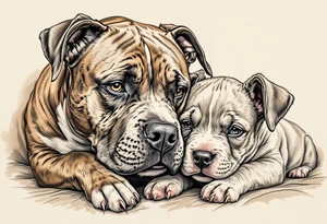 Pitbull mom and pup cuddling, warm brown tones with soft blending, delicate linework around eyes and noses for emotion. tattoo idea