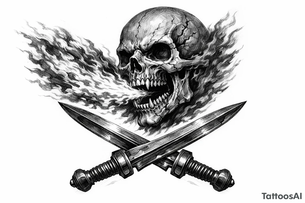 Skeletal skull breathing fire, crossed gladius swords below, dark realism. tattoo idea