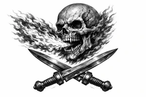 Skeletal skull breathing fire, crossed gladius swords below, dark realism. tattoo idea