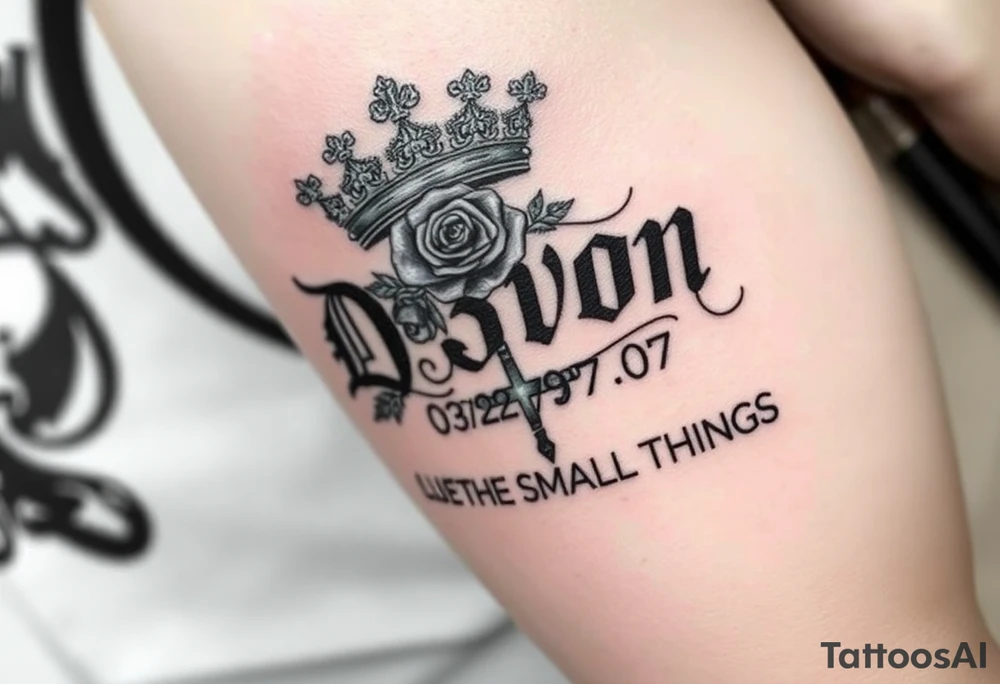 Name D3von with a crown and rose and cross and 03/27/07 and it says under all LOVE THE SMALL THINGS tattoo idea